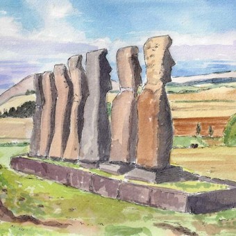 Moai at Ahu Akivi, by Susan Sternau from Easter Island Sketchbook