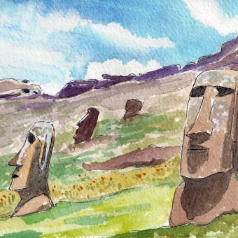 Two Heads inside Crater by Susan Sternau, from Easter Island Sketchbook