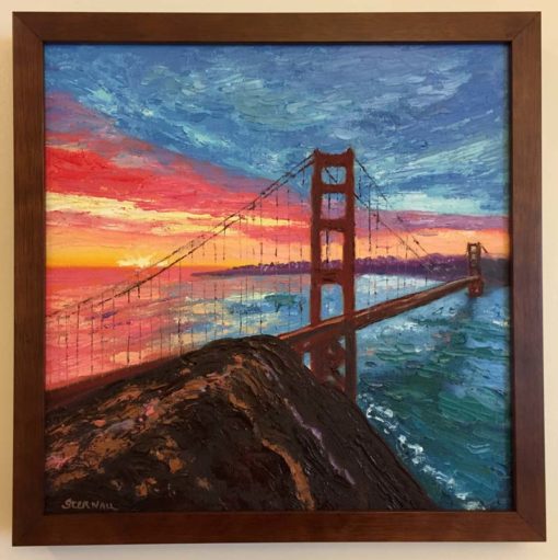 Sunrise Bridge with Rock 2 Oil Painting framed, by Susan Sternau