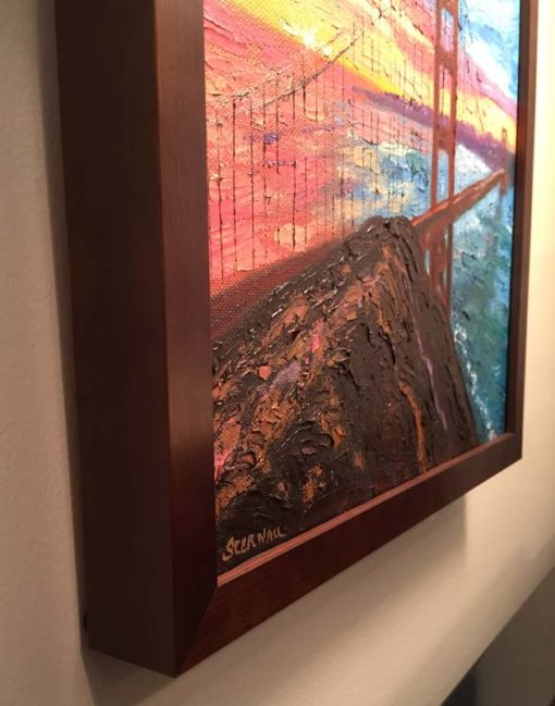 Sunrise Bridge with Rock 2 Oil Painting framed, partial side view, by Susan Sternau