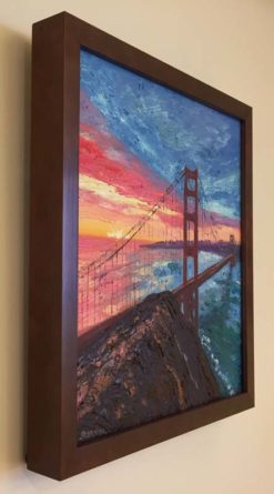 Sunrise Bridge with Rock 2 Oil Painting framed, side view, by Susan Sternau