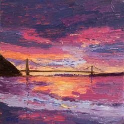 Sunrise Bridge with Pink Clouds Mini Oil by Susan Sternau