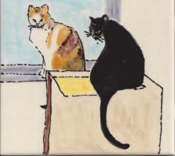 Two Cats in a Window, ceramic tile by Susan Sternau