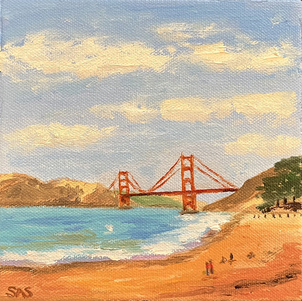Baker Beach with Golden Gate mini oil, front, by Susan Sternau