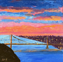 Sunrise Above Bridge mini oil, front, by Susan Sternau