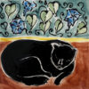Black cat with morning glories tile by Susan Sternau