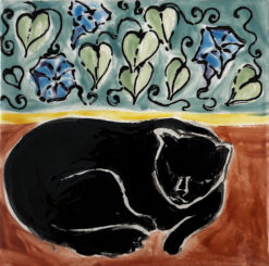 Black cat with morning glories tile by Susan Sternau