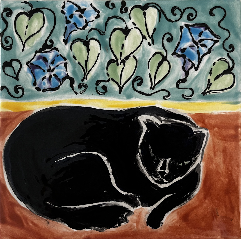 Black cat with morning glories tile by Susan Sternau